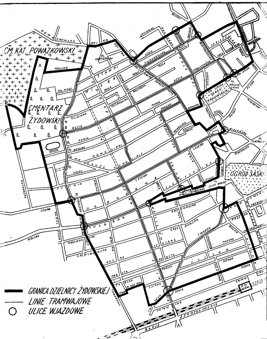 Mapa getta warszawskiego z listopada 1940 r. z dawną siatką...