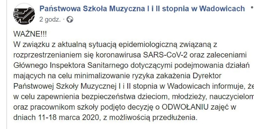 Pierwsza szkoła w powiecie wadowickim zamknięta z powodu koronawirusa. Imprezę odwołali też strażacy