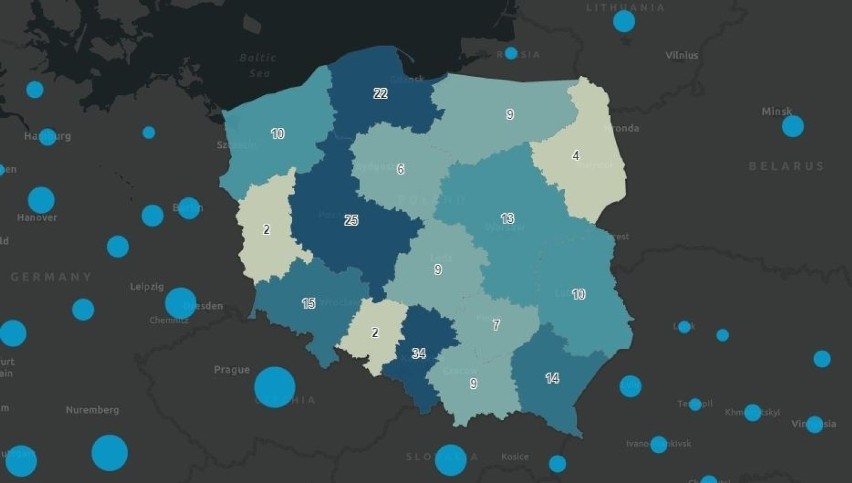 Dzienny przyrost zgonów z powodu COVID-19 w województwach