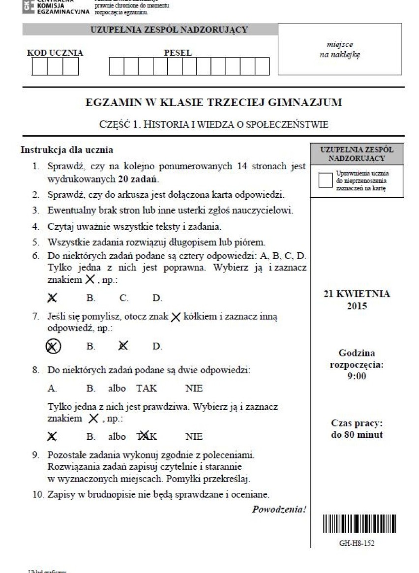 Egzamin gimnazjalny 2015 z CKE. Historia WOS [ARKUSZE dla...