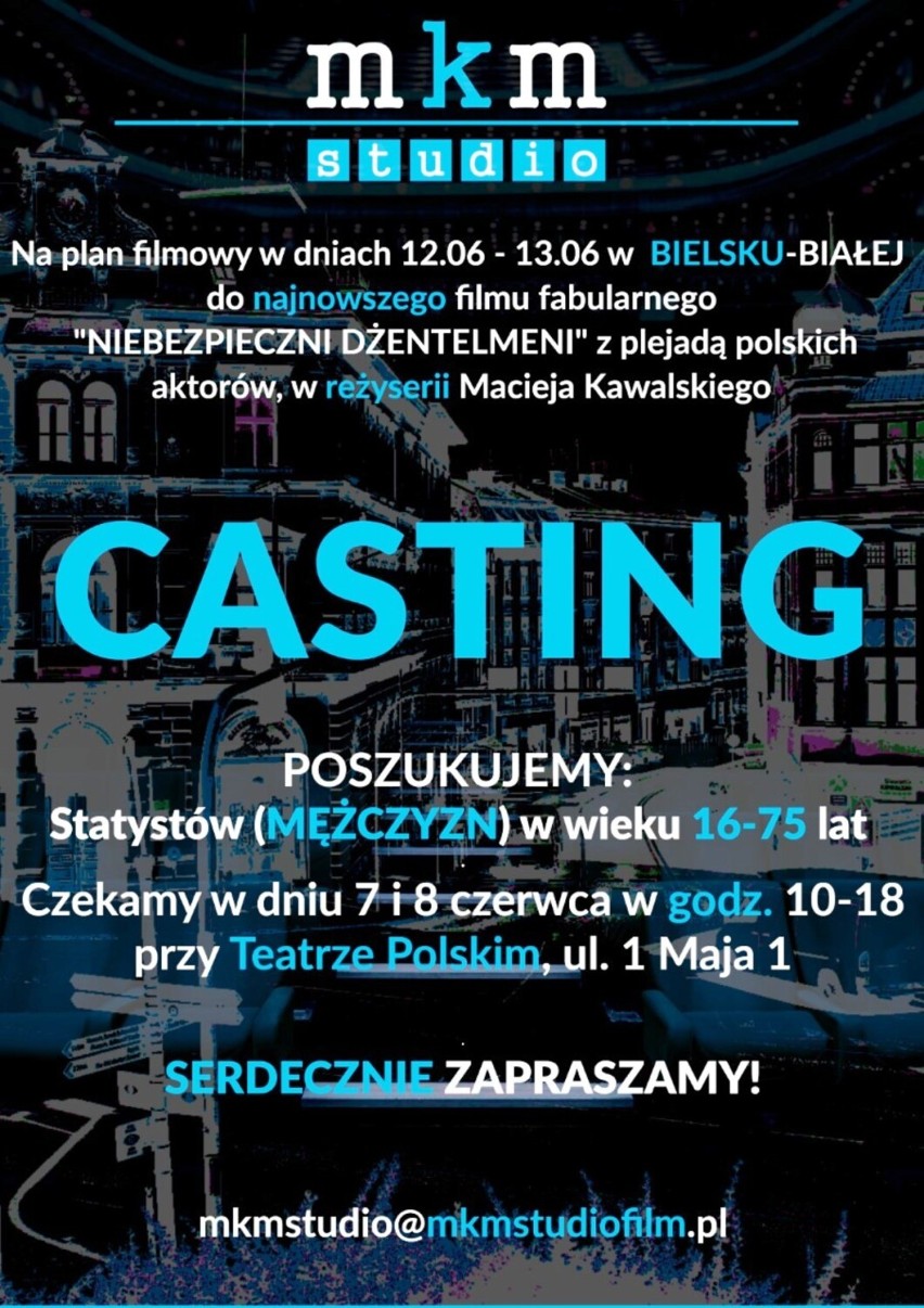 Casting w Bielsku-Białej do filmu „Niebezpieczni dżentelmeni”. Filmowcy czekają przed Teatrem Polskim. Panowie poszukiwani