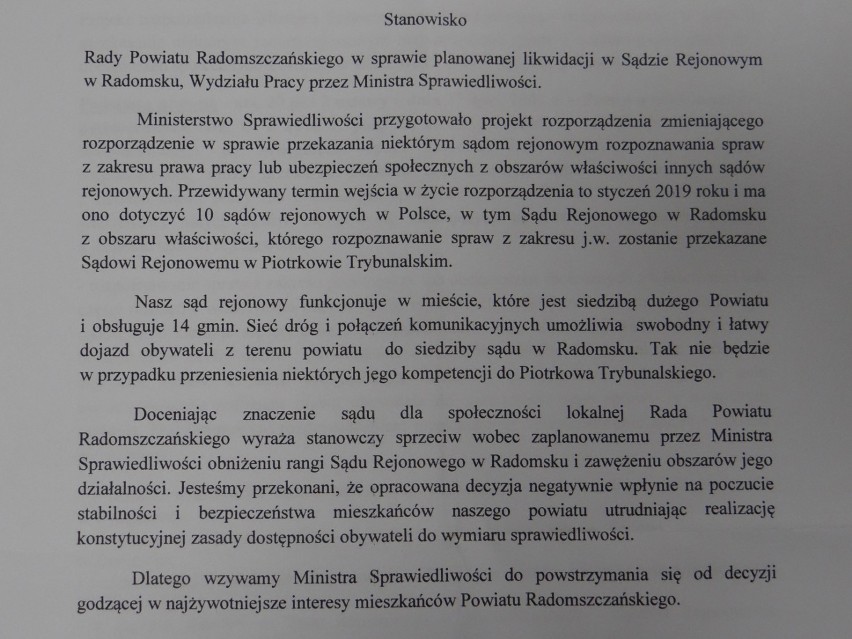 Radomsko: radni powiatowi piszą do ministra sprawiedliwości w sprawie Sądu Rejonowego [ZDJĘCIA]