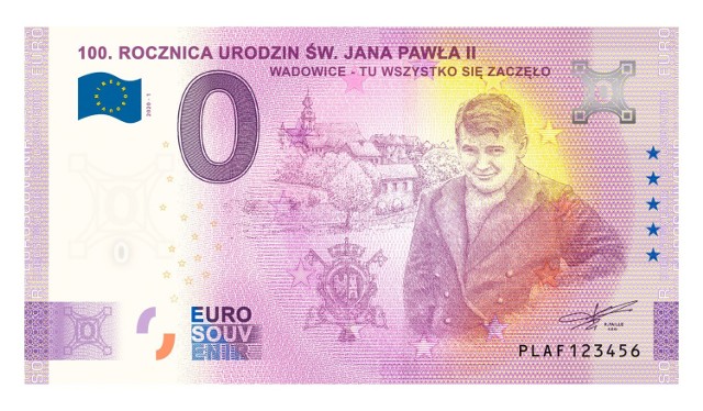 Nastoletni Karol Wojtyła, przyszły papież i święty; Jan Paweł II, na kolekcjonerskim banknocie euro