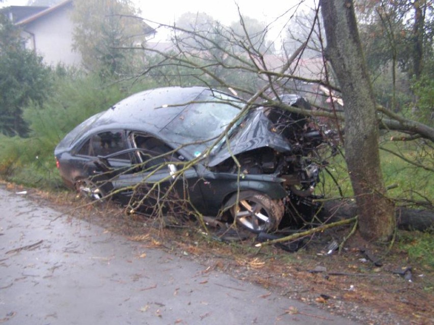 Wypadek na DK 55 koło Dębiny. Audi A4 uderzyło w drzewo