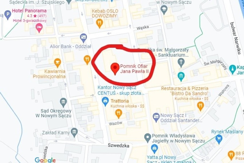 "Pomnik Ofiar Jana Pawła II" w Nowym Sączu. Skandaliczny wpis na mapach Google. Czy to zorganizowany atak na papieża?