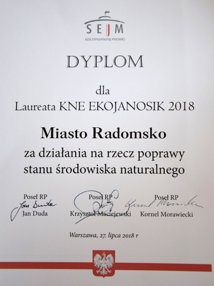 "EkoJanosik" dla Radomska, prezydent odebrał dyplom