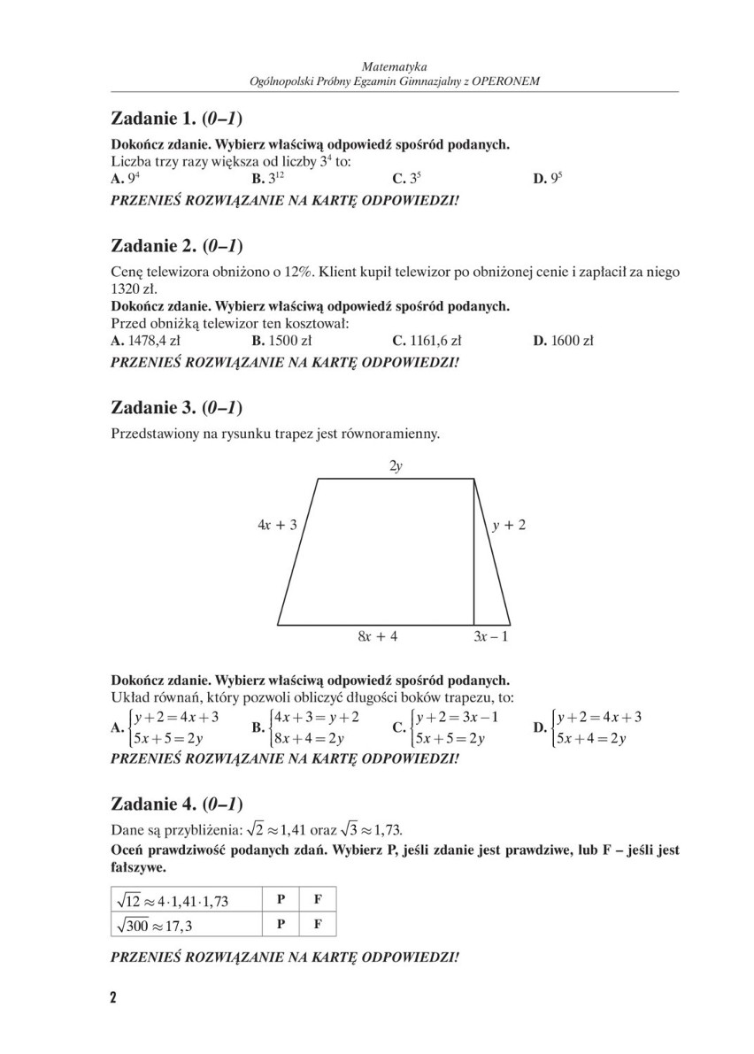 Próbny egzamin gimnazjalny 2018 OPERON: matematyka