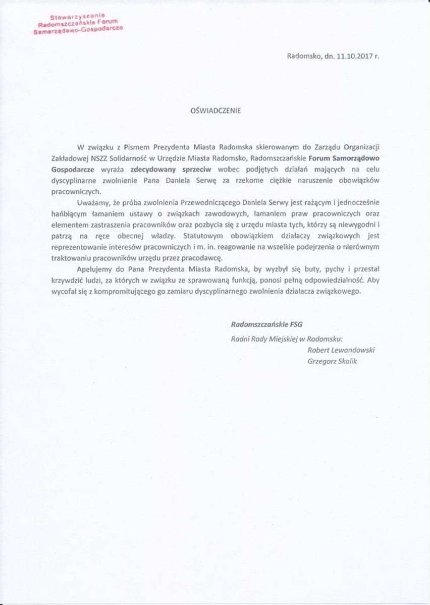 Radomsko: Prezydent chce zwolnić Daniela Serwę za ujawnienie wynagrodzeń