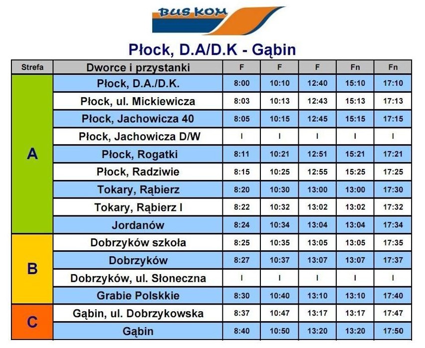 Rozkład jazdy busów Płock - Gąbin - Płock