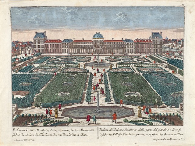 Ogród przy pałacu Tuilleries w Paryżu, miedzioryt z akwafortą kolorowany akwarelą, wyd. Georg Balthasar Probst, 1720&#8211;1750 r.
