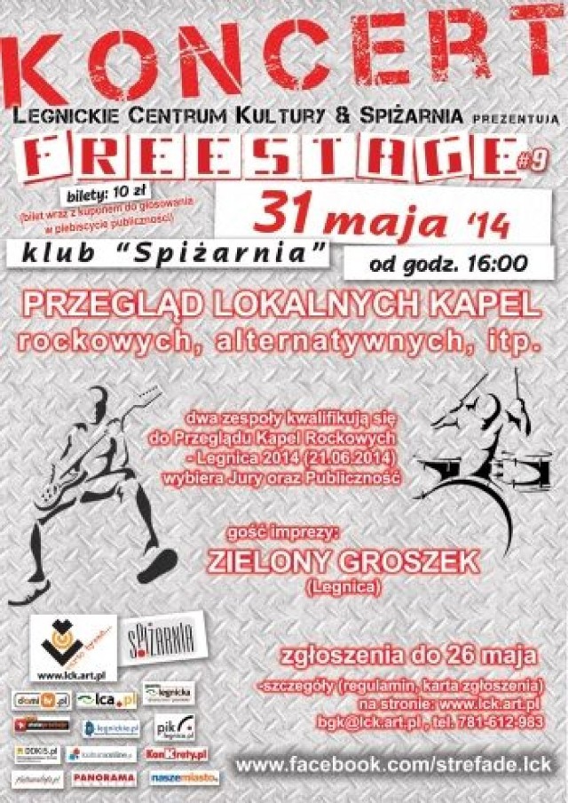 Zielony Groszek zagra gościnnie na Freestage #9. W legnickim klubie Spiżarnia 31 maja  odbędzie się koncert z cyklu Freestage. Będzie to przegląd lokalnych zespołów, które grają szeroko rozumianą muzykę rockową i alternatywną. To Wy będziecie głosować na swoich faworytów. Gościnnie wystąpi legnicka formacja Zielony Groszek.