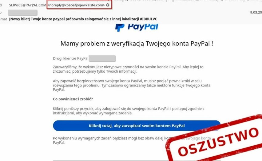 Wygląd strony, która jest oszustwem podczas płatności PayPal