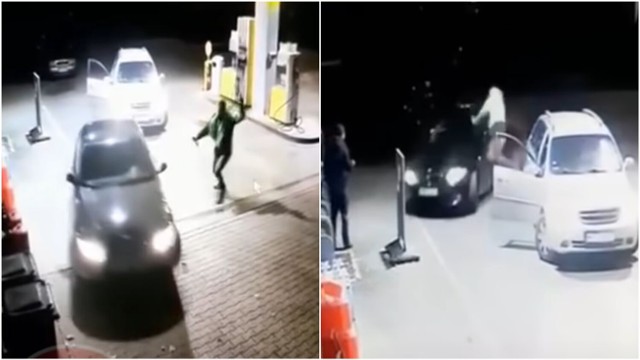 Na nagraniu widać, jak mężczyzna uzbrojony prawdopodobnie w maczetę i miotacz gazu uderza w BMW, a później zostaje potrącony przez jego kierowcę