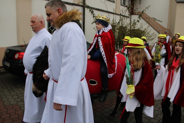 Procesja z osiołkiem w Niedzielę Palmową w parafii Narodzenia NMP