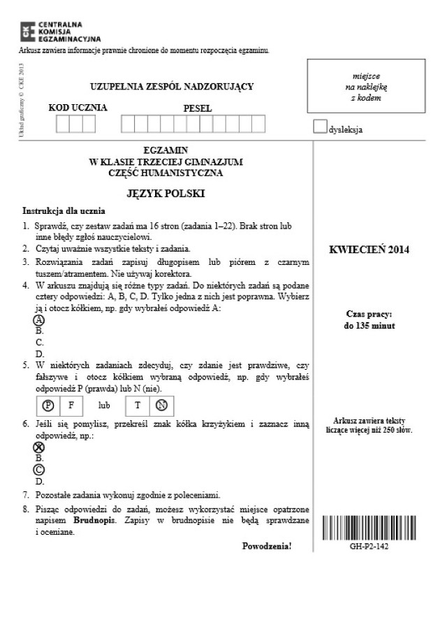 Egzamin gimnazjalny 2014. Zobaczcie arkusze zadań dla uczniów z autyzmem, w tym z zespołem Aspergera. Odpowiedzi do testu gimnazjalnego opublikujemy na naszym serwisie w godzinach popołudniowych.