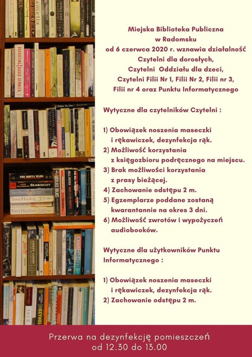 Miejska Biblioteka Publiczna w Radomsku otwiera czytelnie. Książki będą poddawane kwarantannie