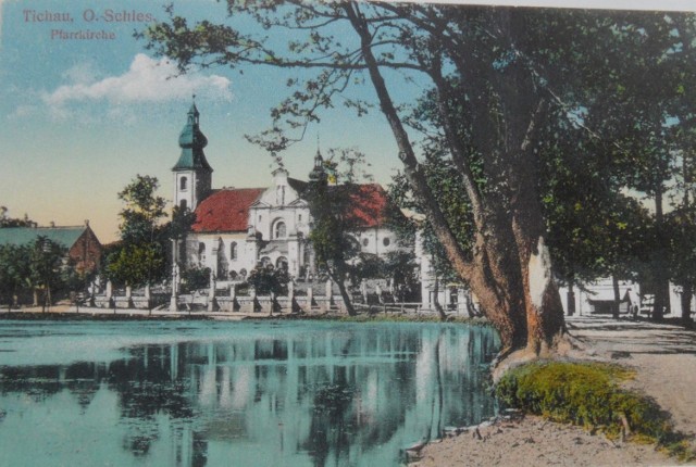 Kościół św. Marii Magdaleny i staw tyski. Pocztówka wydana ok. roku 1910.