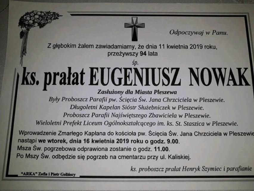 Pogrzeb ks. prałata Eugeniusza Nowaka we wtorek w kościele pw. św. Jana Chrzciciela w Pleszewie
