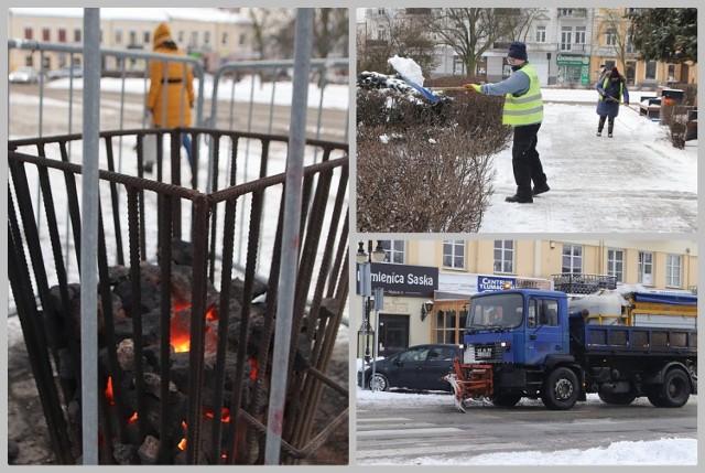 Zima we Włocławku nie odpuszcza - trwa odśnieżanie ulic, na przystankach MPK ustawiono koksowniki.