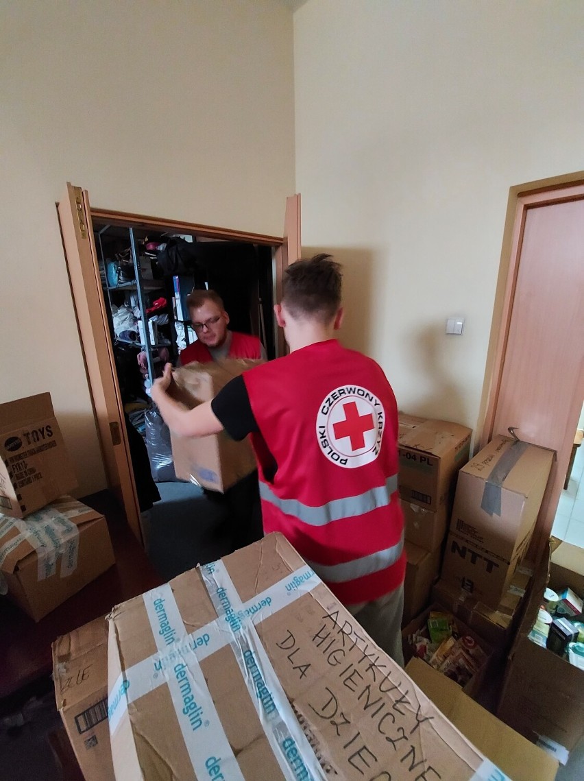 Pomoc dla Ukrainy. Płocki oddział Polskiego Czerwonego Krzyża również pomaga Ukrainie.