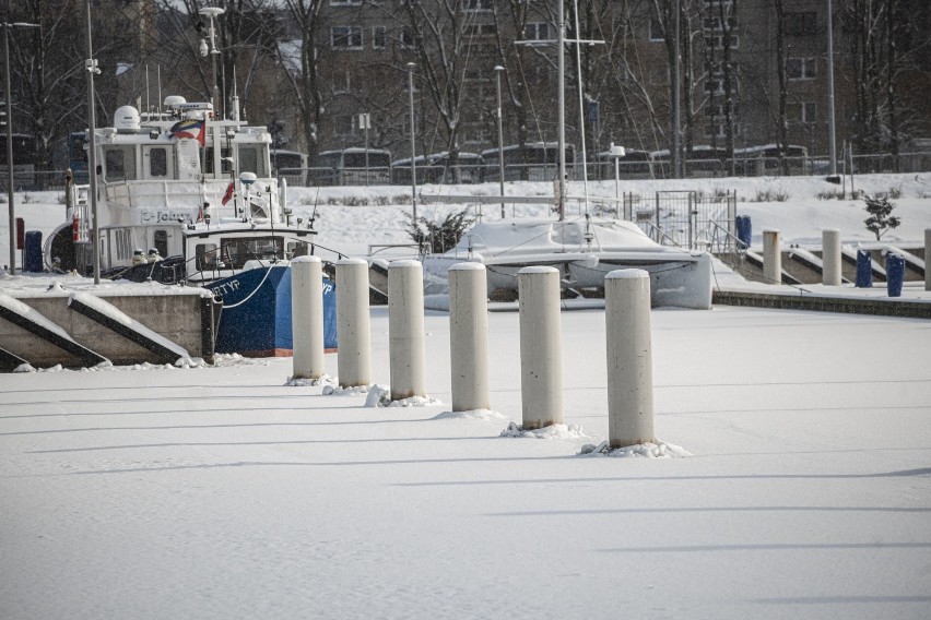 Kutry pod śniegiem, port skuwany lodem - zima w Kołobrzegu zachwyca
