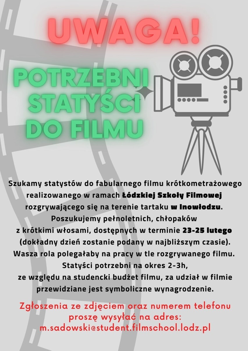Poszukiwani statyści do filmu Łódzkiej Szkoły Filmowej, który powstaje w Inowłodzu