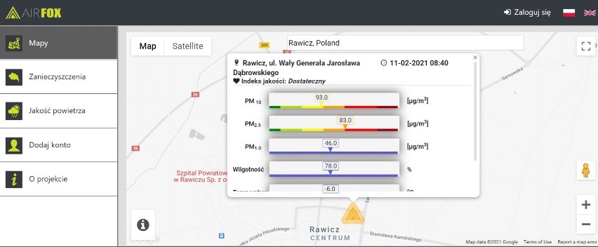 Stan jakości powietrza w Rawiczu (11.02.2021, godz. 8.50)