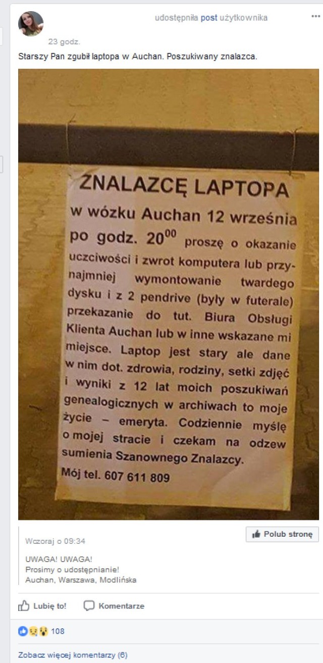 Starszy pan zgubił laptopa, a wraz z nim dorobek życia. Teraz prosi o pomoc