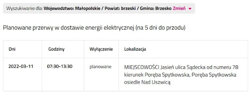 Wyłączenia prądu w powiecie bocheńskim, 8.03.2022