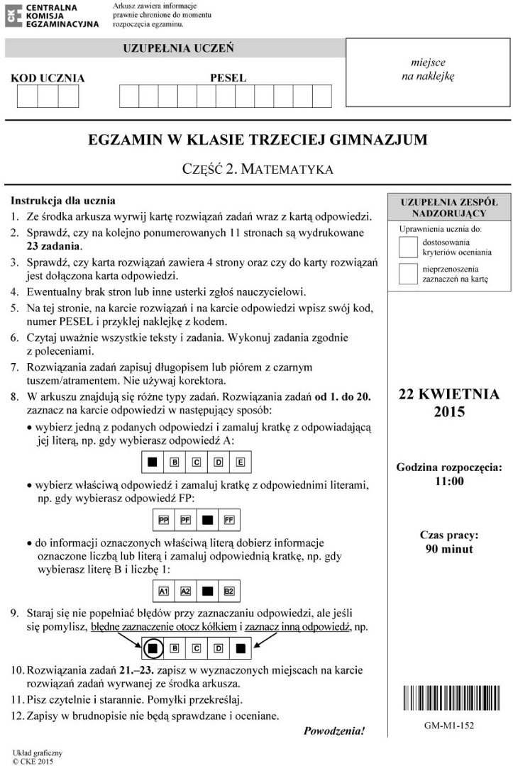 Matematyka: poprawne ODPOWIEDZI i ARKUSZE PDF [egzamin gimnazjalny 2015] |  śląskie Nasze Miasto