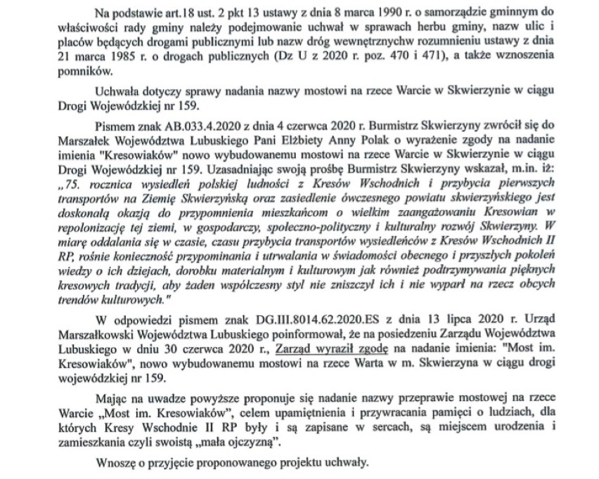 30 września radni uchwalą imię dla mostu w Skwierzynie