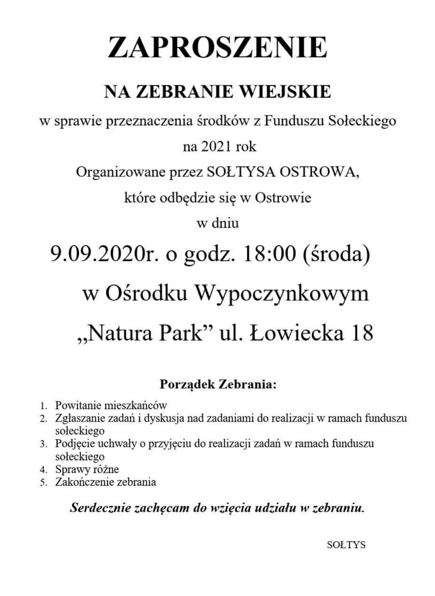 W środę 9 września w Ostrowie zebranie sołeckie.
-...