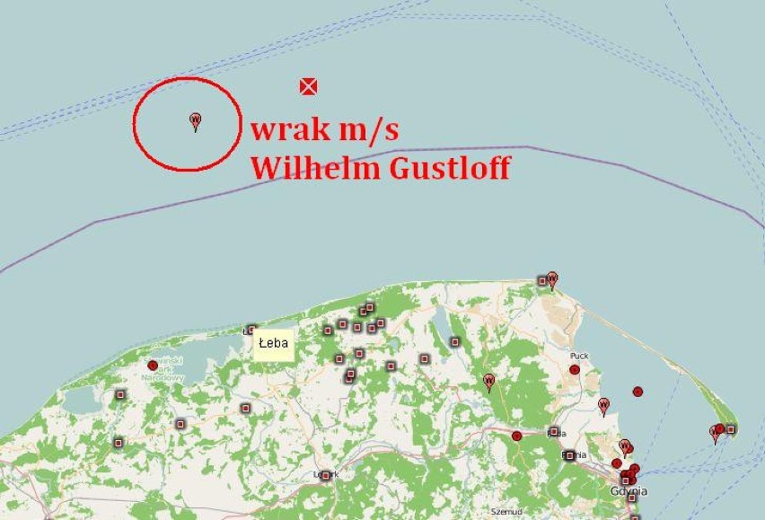 Miejsce w którym leży wrak m/s Wilhelm Gustloff