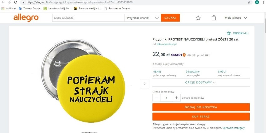 "Popieram strajk nauczycieli" - to kolejna z przypinek do...