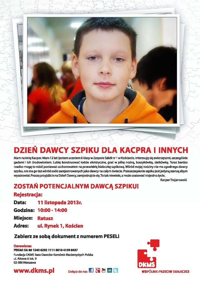 Dzień Dawcy Szpiku dla Kacpra i Innych w Kościanie - 11 XI w Ratuszu