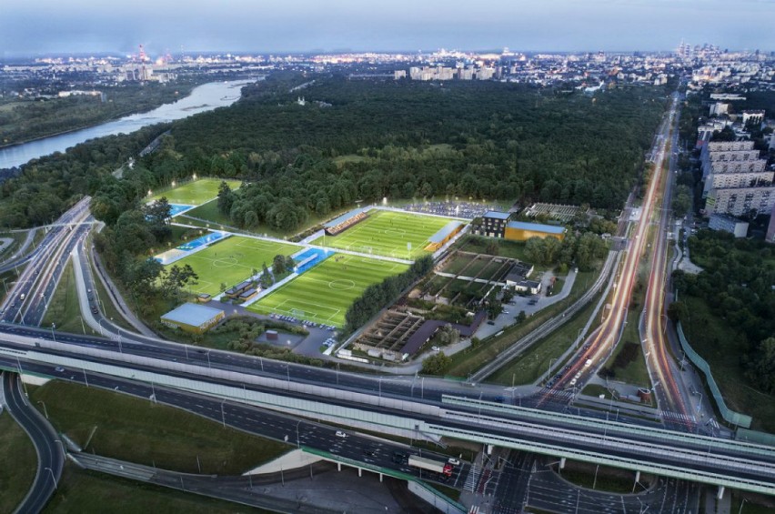 Nowy stadion Hutnika Warszawa. Trzy pełnowymiarowe boiska, zadaszone trybuny, jupitery i korty tenisowe. Już w 2020 roku? [WIZUALIZACJE]