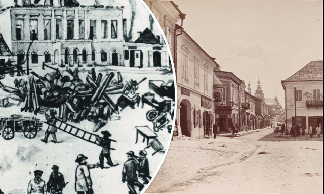 Jeden z pożarów rynku w Kielcach w XIX wieku. Zobacz jak wyglądało centrum Kielc wiele lat temu na kolejnych slajdach.