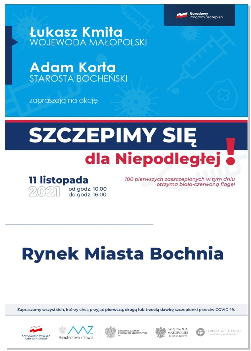 Bochnia-Brzesko. 11 listopada odbędzie się akcja „Zaszczep się dla Niepodległej”, pierwsze sto osób w każdym mieście dostanie flagi