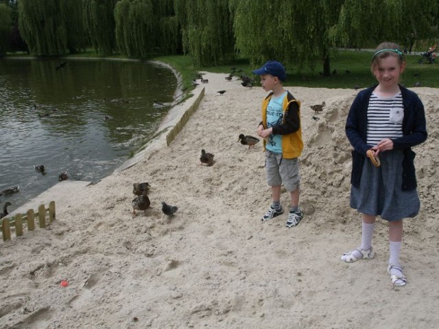 Zuzia i Franek nie mogą bawić się w piasku. Zamiast budować zamki mogą tylko karmić kaczki.
