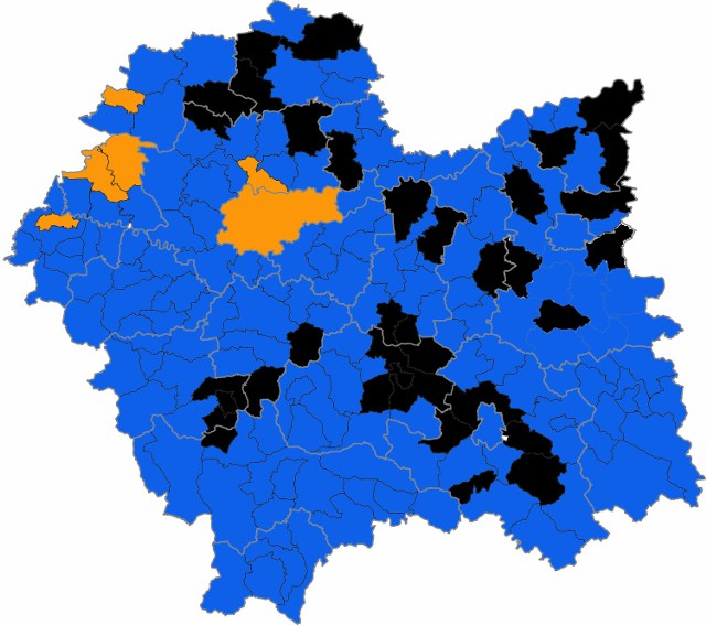 DRUGIE MIEJSCE W GMINACH (DUDA - POMARAŃCZOWY, KOMOROWSKI - NIEBIESKI, KUKIZ - CZARNY)