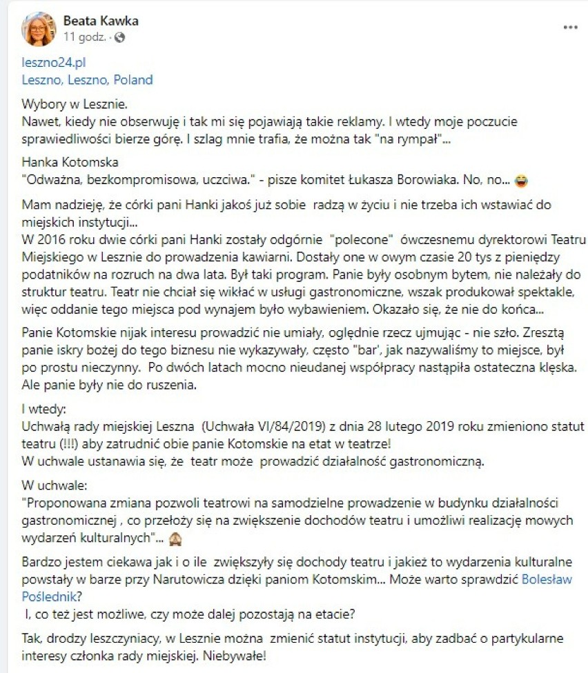 Aktorka kontra radna w Lesznie. Beata Kawka stawia zarzuty nepotyzmu Hannie Kotomskiej z PL 18. Chodzi o pracę dla dzieci radnej