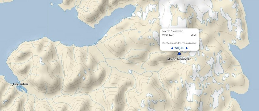 Mapa Svalbardu określająca pozycję Marcina Gienieczki na...