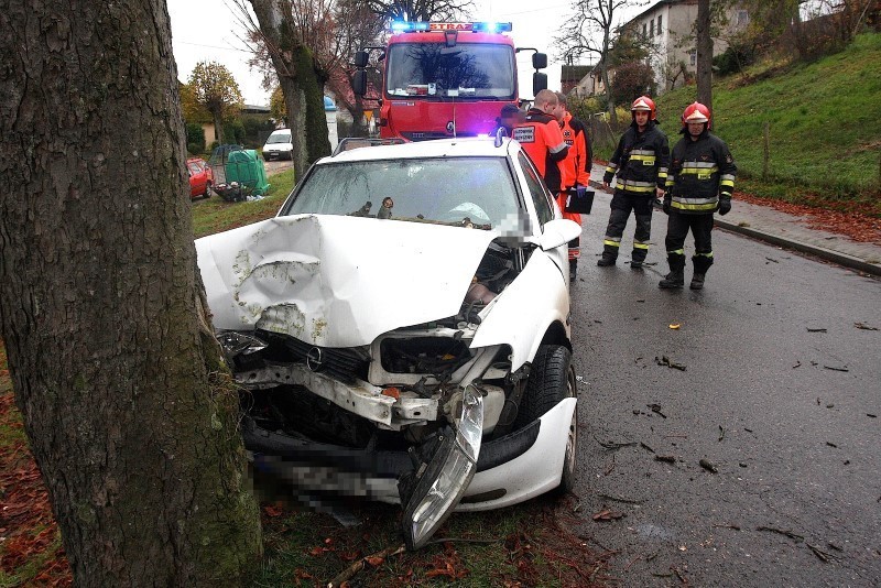 Opel vectra na łuku drogi w Sławsku uderzył w drzewo