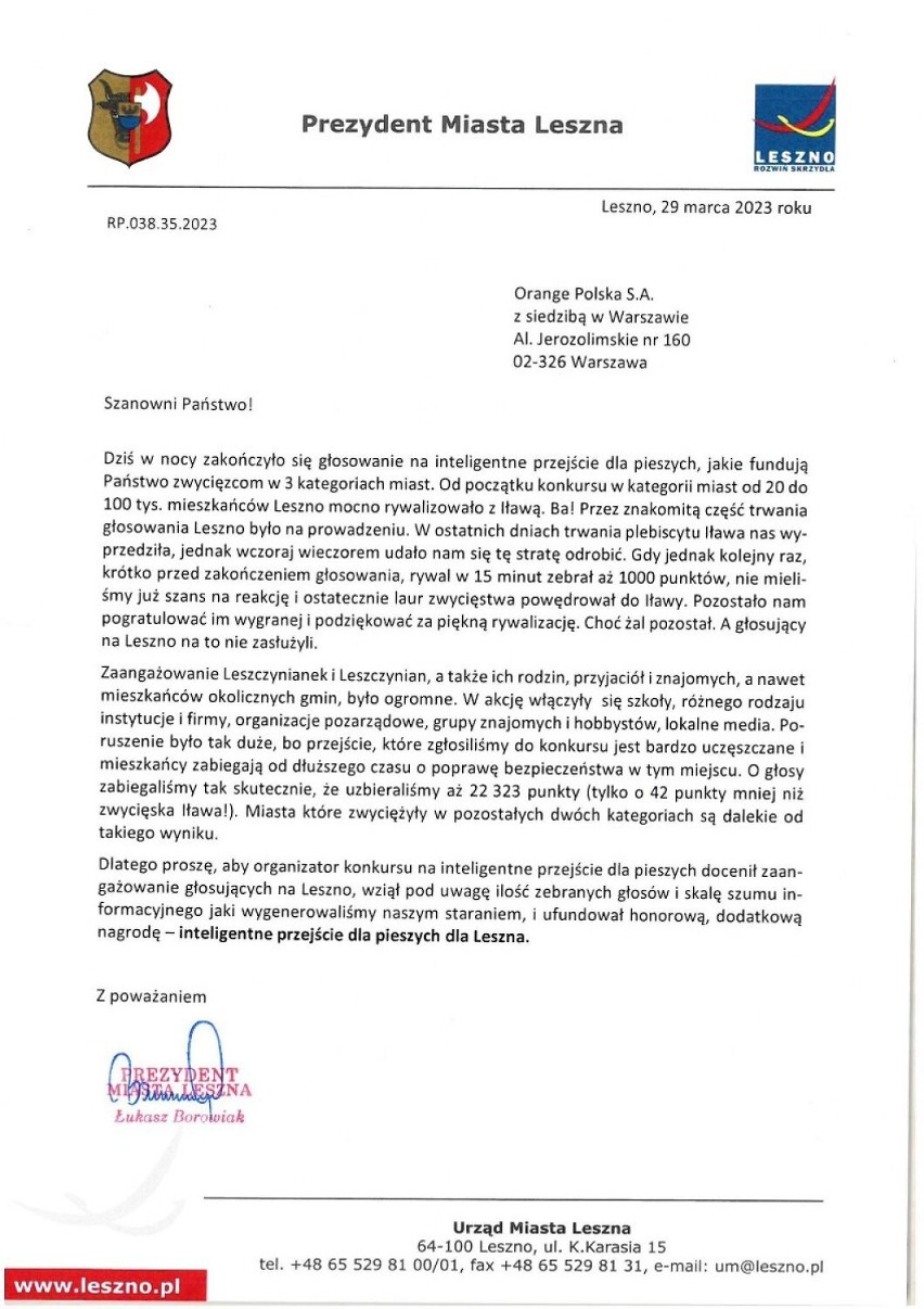 List prezydenta Borowiaka do Orange Polska. Mowa w nim o dodatkowej nagrodzie dla Leszna