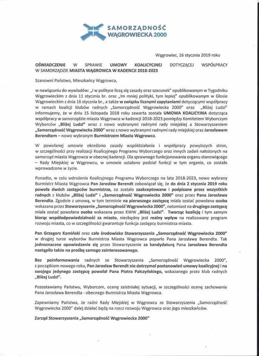 Samorządność Wągrowiecka 2000 wydała oświadczenie w sprawie umowy koalicyjnej dotyczącej współpracy w samorządzie miasta Wągrowca 