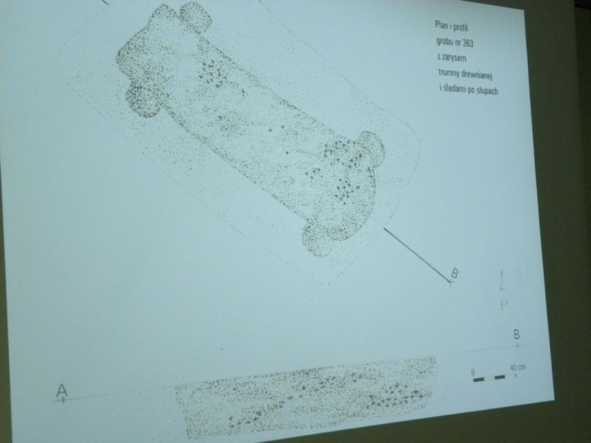 Plan i profil grobu kietrzańskiego z trumną z kłody drzewa