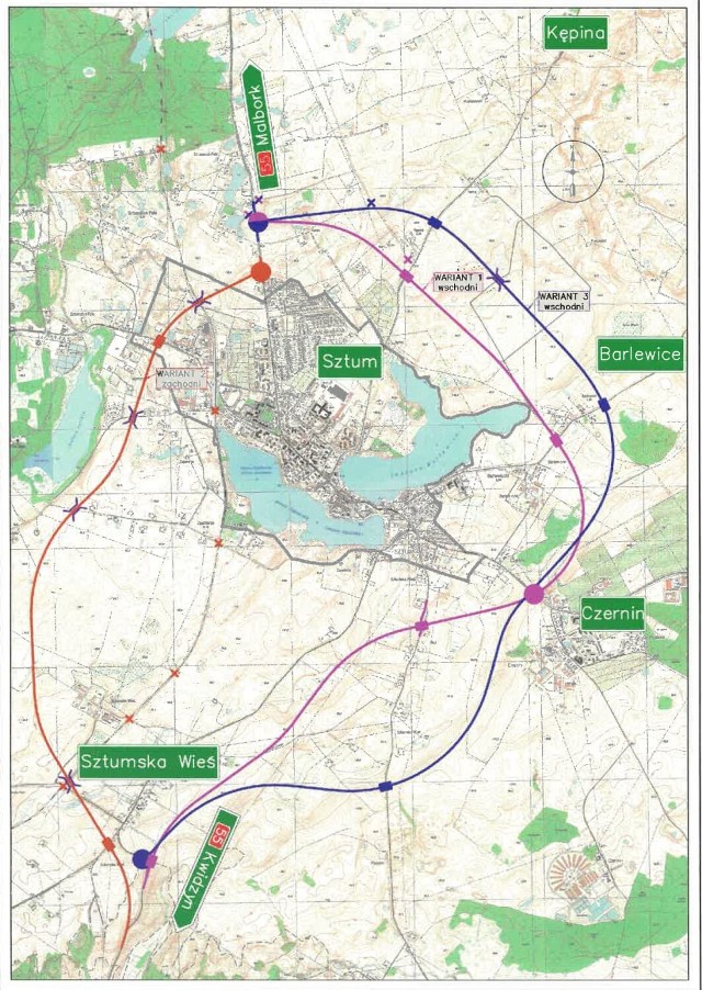 Mapka z przedstawionymi wstępnymi wariantami przebiegu obwodnicy Sztumu