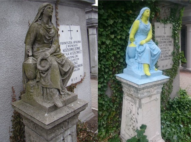 Matka Boska przemalowana na cmentarzu przy ul. Kaliskiej w Pleszewie