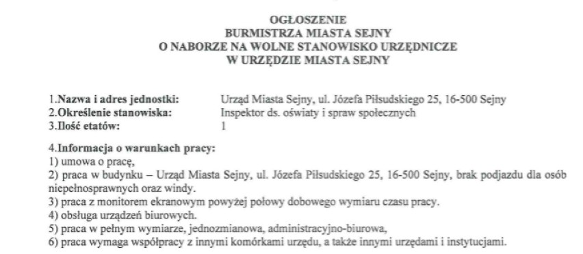 Sejny. Burmistrz poszukuje inspektora ds. oświaty. Zobacz, jakie ma wymagania