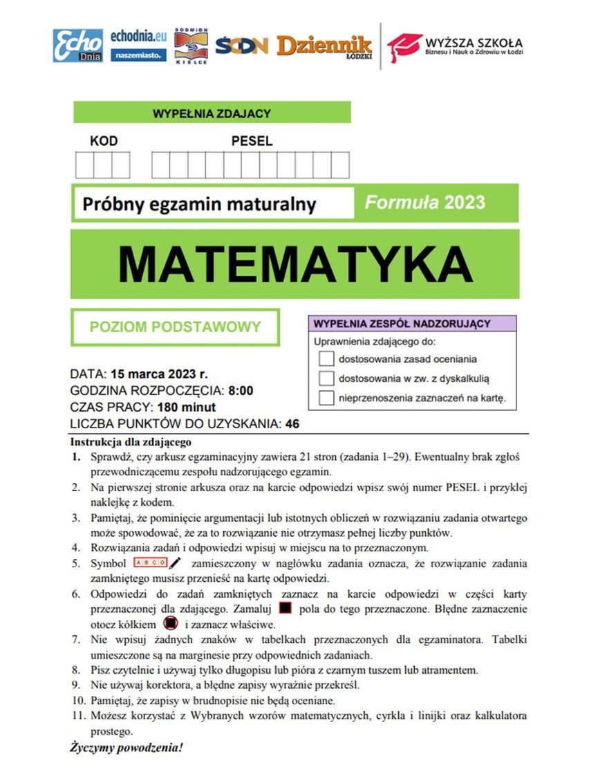 Matura próbna 2023 matematyka. Zobacz arkusz pytań i odpowiedzi. Sprawdź, czy jesteś przygotowany do egzaminu z matematyki? 